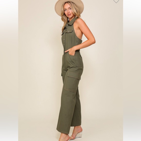 New Trendy Chic Halter Denim Olive Cargo Jumpsuit - Picture 2 of 7